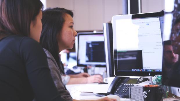 Two actuaries looking at a computer