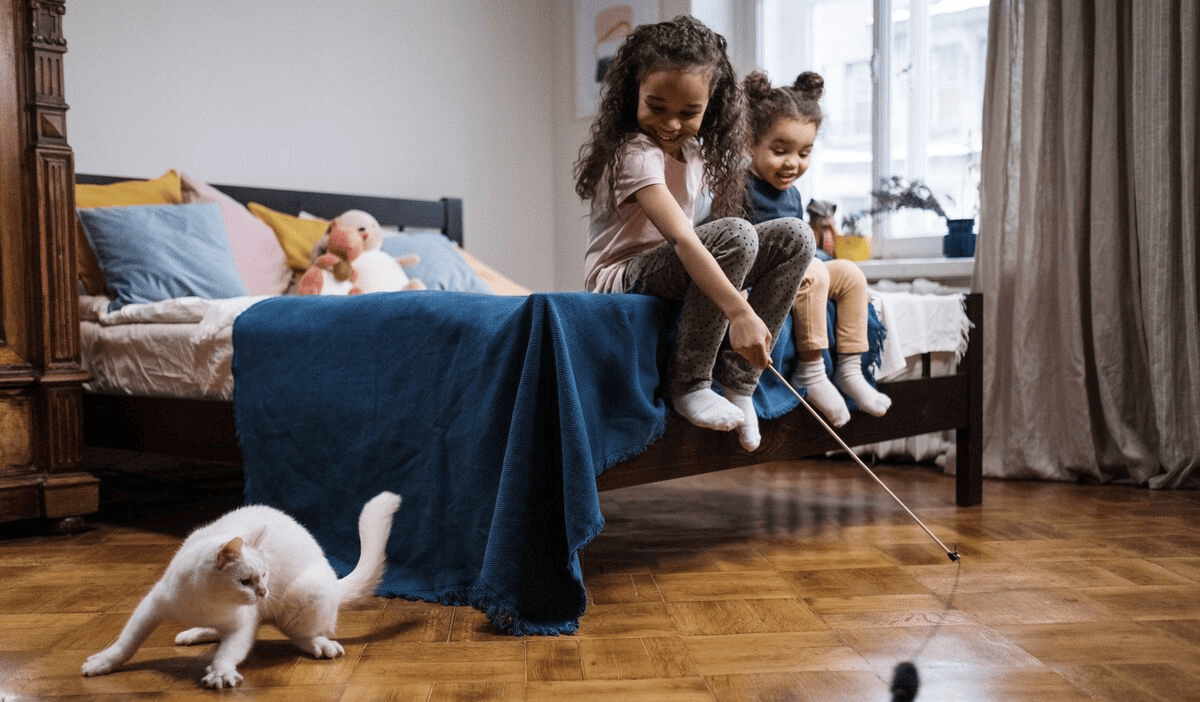 Children playing with cat