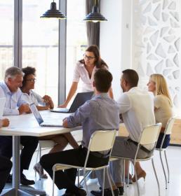 Businesswoman presenting to colleagues at a meeting