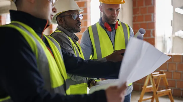 Three construction workers reviewing building plans