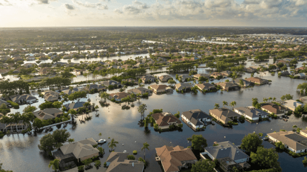 Aerial view of flooded suburban neighborhood